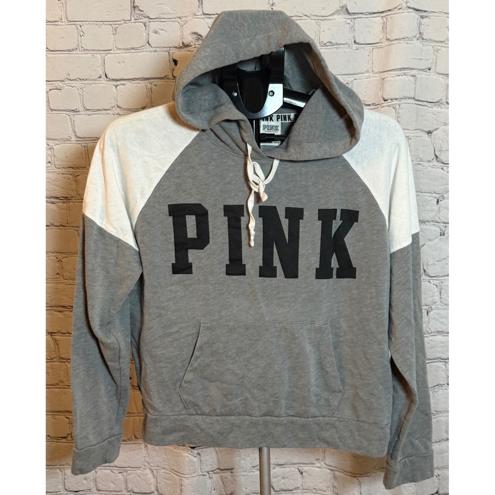 Victorias Secret PINK‎ Hoodie Gray White Colorblock Raglan Pullover Large